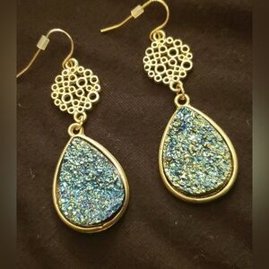 Gold and Blue Dangle Druzy Earrings